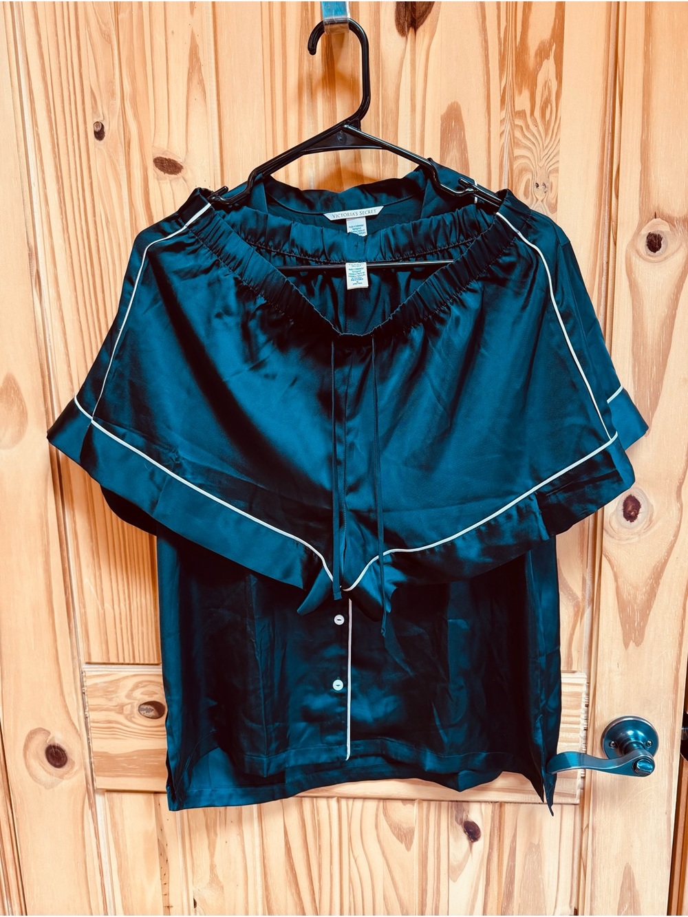 Victoria's Secret Black Satin Pajama Set: Button down top and drawstring shorts